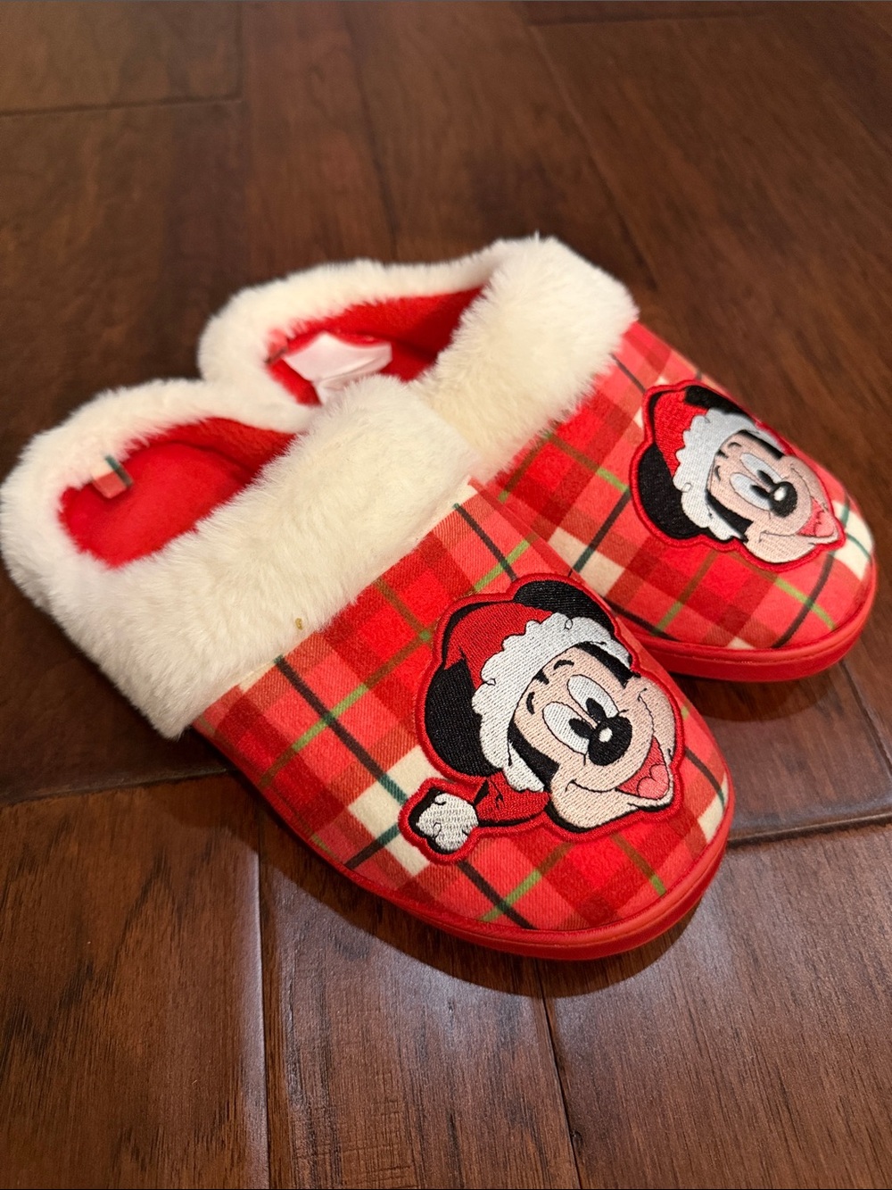 Disney Red Plaid Mickey Mouse Holiday Slip-On Slippers with Faux Fur